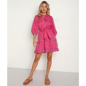 Cleobella Demi Mini Dress Ditzy Print pink ruffles tassels cotton NO BELT XS